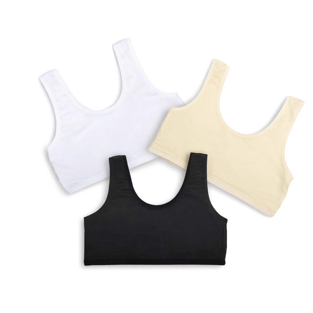 BODYCARE Girls Wire-Free Crop Top for Girls Pack of 3 | Comfortable Cotton Beginner Innerwear (Black, White & Skin)