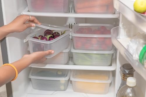 Image of 4 Fridge Storage Boxes Fridge Organizer with Removable Drain Plate and Lid Stackable Fridge Storage Containers Plastic Freezer Storage Containers for Fish, Meat, Vegetables, Fruits(1800ML)