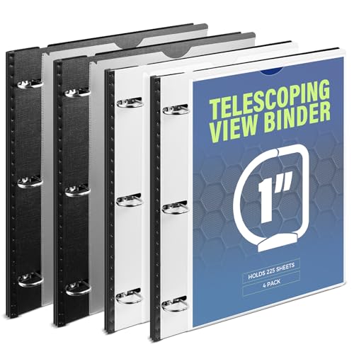 Image of WOT I 1 Inch Telescoping 3 Ring Binder 4 Pack, Expandable Flexible Binder with Customizable Front Cover & Clear Catalog Pocket, Holds 8.5 inchx11 inch Paper, School Office Supplies, Black+White