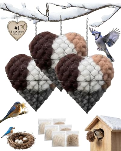 Handmade Alpaca Fiber Bird Nesting Heart, Outside Winter Tree Shelter for Wild Bird, Birds Nests Material Holder for Garden Art Birdhouse, Hummingbird Houses Nest Boxes for Birds Lovers (3PCS)