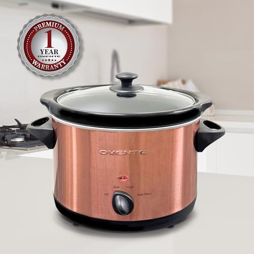 Image of OVENTE 4-Quart Electric Slow Cooker with 3 Temperature Setting, Removable Ceramic Pot, Dishwasher Safe Glass Lid, Stainless Steel Body, Ideal for Entrees, Soups, Sauces, Stews & Dips, Copper SLO40ACO