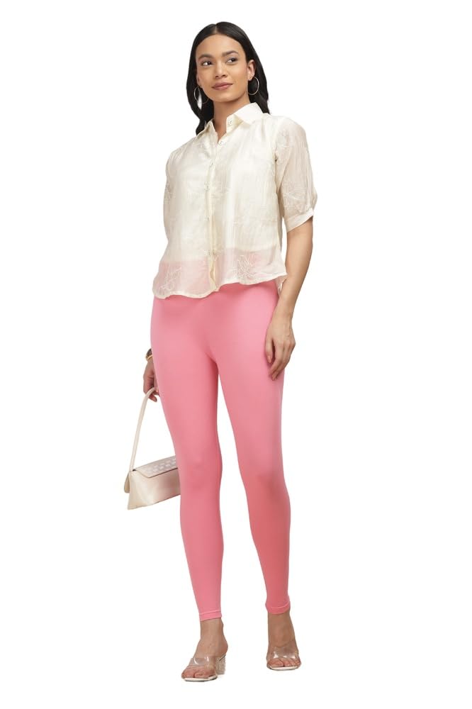 Baby Pink Ankle Length Leggings | Soft Cotton Elastane Stretch Fit Pants for Women-picture-36