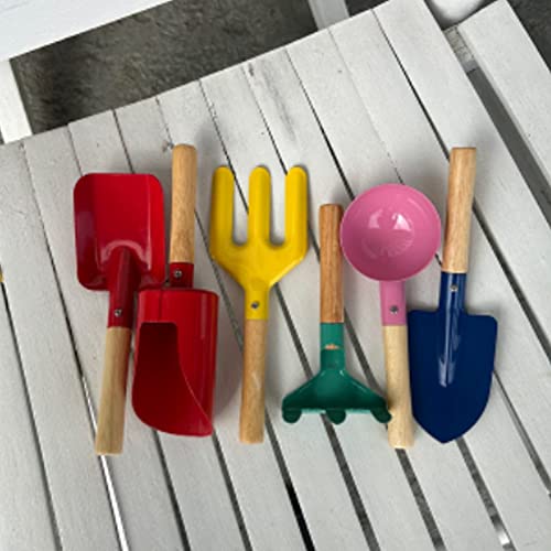 Plachiday Beach Toys For Kids, 6Pcs 8'' Kids Gardening Tools With Sturdy Wooden Handle Sand Toys Set Metal Gardening Equipment Cylinder, Spoon, Fork, Rake, Flat Shovel & Pointed Shovel #TOP4