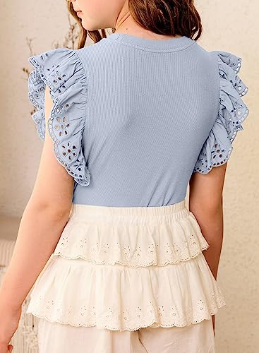 Blibean Girl Summer Tops Tween Girls Ruffle Sleeve Blouse Solid Color Casual Shirts Cute Clothes Preteen Kid Dressy Clothing Size 10-11 Years Old Light Blue #TOP1