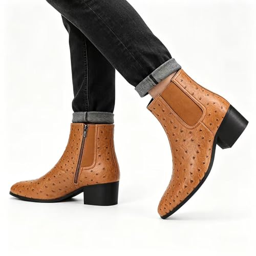Image of Men'S Classic Leather Chunky Heel Chelsea Boots With Side Zipper Fashion Pointed Toe Elastic Band High Top Block High Heel Formal Chukka Booties For Casual Business Party Wedding