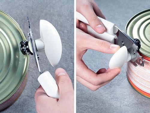 Miniatura 4 de Leifheit Abrelatas Exact en elegante plástico blanco y acero inoxidable, abrelatas de seguridad con borde de corte endurecido, el abridor incluye accesorio para abrir botellas.
