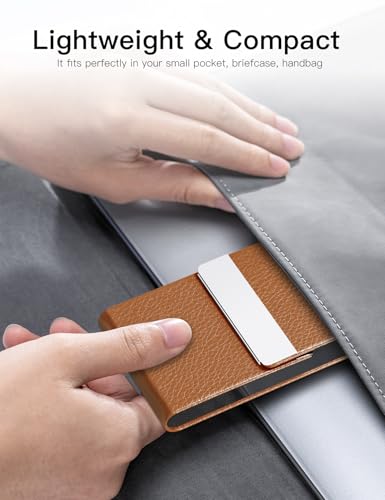 Image of Padike Leather Business Card Holder Metal Business Card Case Slim Professional Name Card Holder with Magnetic Shut (Apricot)