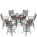 MFSTUDIO Cast Aluminum Bar Height Patio Dining Set of 7, Aluminum 54" Round Bar Height Table with Umbrella Hole and 6 Pieces Bar Height Swivel Stool, Brown