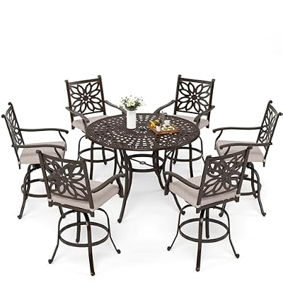 MFSTUDIO Cast Aluminum Bar Height Patio Dining Set of 7, Aluminum 54" Round Bar Height Table with Umbrella Hole and 6 Pieces Bar Height Swivel Stool, Brown