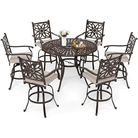 MFSTUDIO Cast Aluminum Bar Height Patio Dining Set of 7, Aluminum 54" Round Bar Height Table with Umbrella Hole and 6 Pieces Bar Height Swivel Stool, Brown Cover