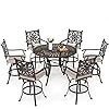 MFSTUDIO Cast Aluminum Bar Height Patio Dining Set of 7 Aluminum 54 Round Bar Height Table with Umbrella Hole and 6 Pieces Bar Height Swivel Stool Brown