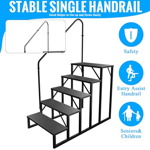 Image of RV Stairs 5 Step, RV Steps Anti-Slip, Hot Tub Steps with Handrail, 660 lbs Hot Tub Steps Step Ladder for 5th Wheel RV, Mobile Home Stairs, REL-0402