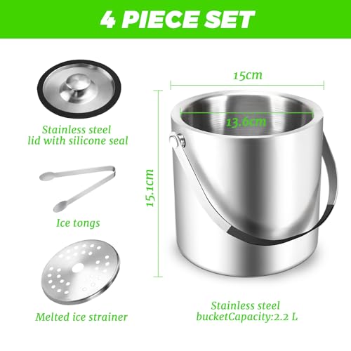 Seau à glace isolé Sprifityy 2.2L avec couvercle silicone et pince