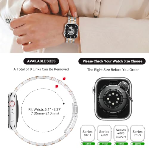 Image of Bestig Compatible with Apple Watch Bands for Men Women 40mm 38mm 41mm 42mm(Series 11 10), Premium Solid Stainless Steel Metal Business Strap for iWatch Series 10 9 8 7 6 SE 5 4 3 2 1, Silver /Rose Gold