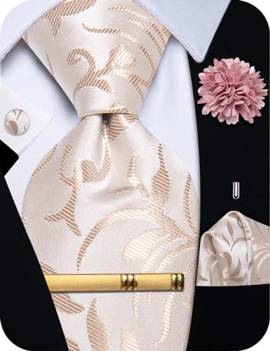 Image of YourTies Mens Tie Silk Champagne Floral Necktie Handkerchief Cufflinks with Lapel Pin Set for Business Wedding, Medium