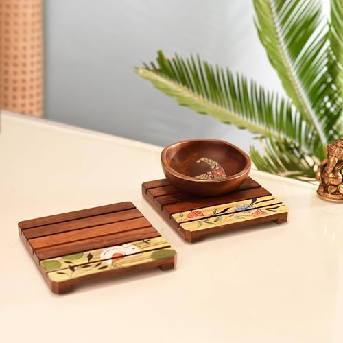 Image of Nature Motif Wooden Slatted Coasters (Set of 2) ? Heat Resistant, Non-Slip Drink Coasters for Coffee, Tea, and Glassware ? Rustic Eco-Friendly Table Decor