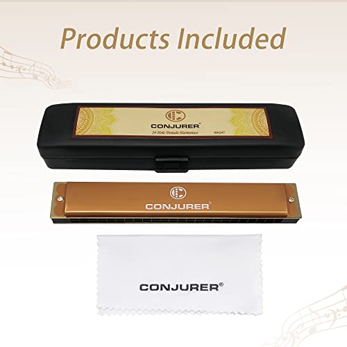 Image of CONJURER Mouth Organ 24 Holes Key of C with Case for Professional Player Beginner Students, Harmonica Harp for Beginner, Professional, Friends, Gifts (Gold,24T)