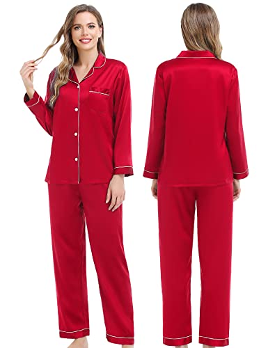 Swomog Couples Matching Pajamas Set Silk Satin Long Sleeve Loungewear 2 Pcs Sleepwear Elegant Button Down Pj Set Red #TOP1