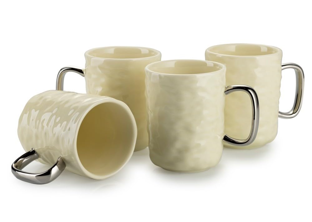 Service à café en céramique pour 4 personnes – Set avec théière, 4 tasses et plateau de service – Service à café en faïence crème – Idéal pour le service à café ou à thé