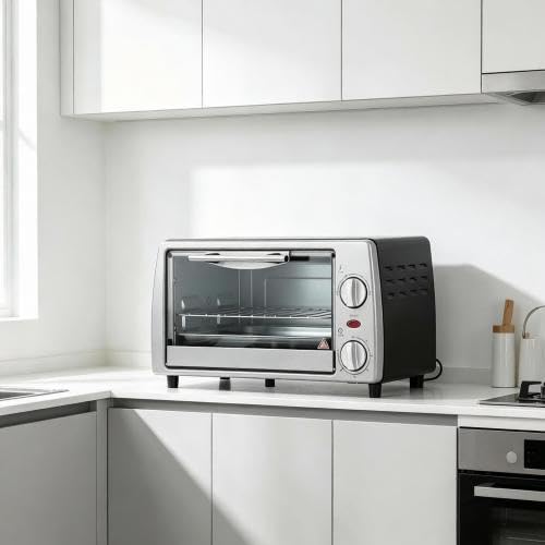 Mini Backofen 10 L ohne Umluft, kleiner Ofen für 2, 100-230°C, Timer | Mit Glasfenster & 2 Ebenen, herausnehmbare Krümelschublade, spülmaschinenfeste Teile, extra kompakt für kleine Küchen