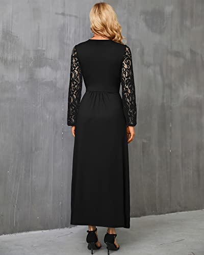 Pygfemr Women's Lace Long Sleeve Maxi Dress V Neck Wrap Waist Maxi Dresses With Pockets 2022 New Black 3Xl #TOP2