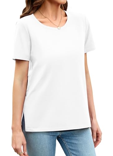 Herou Lightweight Summer Split Side Tops for Women White T-Shirt Crewneck Short Sleeve High Low Hem Tees White Large