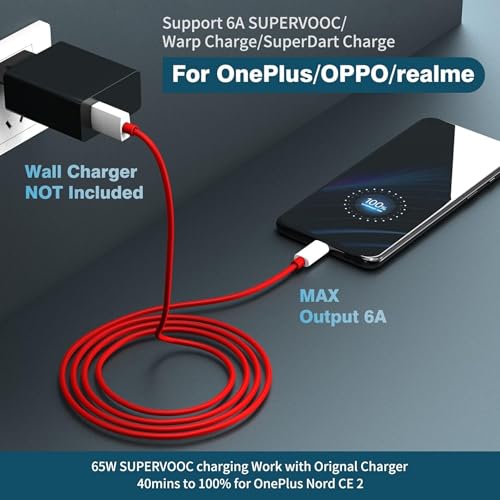 Image of Addtam 100W Supervooc USB Type C Data Sync Fast Charging Charger Cable Compatible One Plus 15,15R,13,13R,13S,12,12r,11,11r,10r,10t,10 pro,9 Pro,8,Nord 5,4,3,2t,Ce5,Ce2 Lite,Ce3 lite, Nord Ce3,Ce4, Red