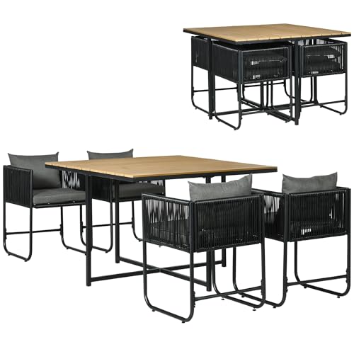 Outsunny Salon de Jardin Ensemble Table et Chaise de Jardin 5 pièces avec 1 Table et 4 fauteuils Contemporain 8 Coussins Table en Composite Plateau Aspect...