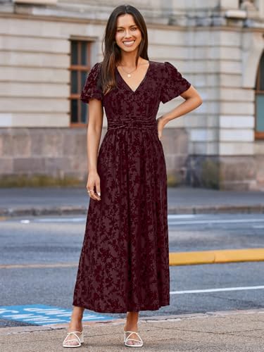 Image of Simplee Women's Velvet Maxi Dress V Neck Short Sleeve Empire Waist Semi Formal Long Cocktail Dresses