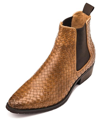 Image of CALTO Men's Invisible Height Increasing Elevator Shoes - Brown Premium Leather Woven Slip-on Chelsea Ankle Boots - 3.3 Inches Taller - K30522 - Size 7.5 D(M) US