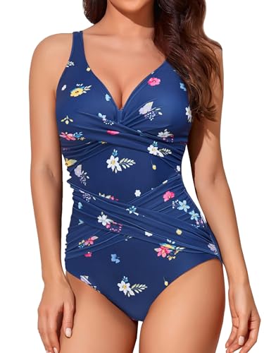 Image of Smismivo Tummy Control Swimsuits for Women Slimming One Piece Bathing Suit Retro Ruched Push Up Vintage Padded Swimwear