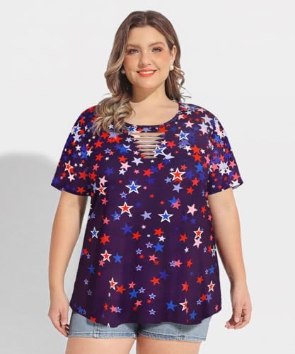 Image of CARCOS Plus Size Tops for Women Short Sleeve Shirts Basic Tee Solid Color Blouse V Neck Tunic Loose Fit Tshirts Summer XL-5XL