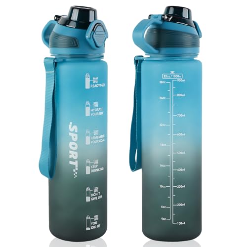 FEMONGY Botella agua 1L, Botella agua gimnasio, con filtro y asa, Sellado y a prueba de fugas, Adecuado para gimnasio, ciclismo, actividades al aire libre, escuela, Azul degradado