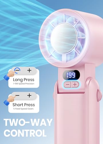 Image of Portable Handheld Turbo Fan, 1-199 Speed Adjustable with LED Display, High-Power Motor, Rechargeable Battery, 4 IN 1 Pocket Design Mini Fans for Indoor /Outdoor /Travel /Work, Pink