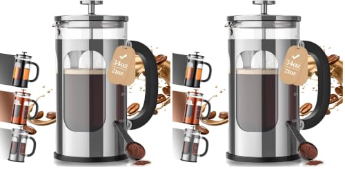 Image of Veken French Press Coffee Maker,No Plastic Touching Cafe,34oz 1L Cafetera,Heat Resistant Thickened Borosilicate Glass Stainless Steel Brewer,Pot for Kitchen,Travel,Camping,Tea,Gifts,Silver (Pack of 2)