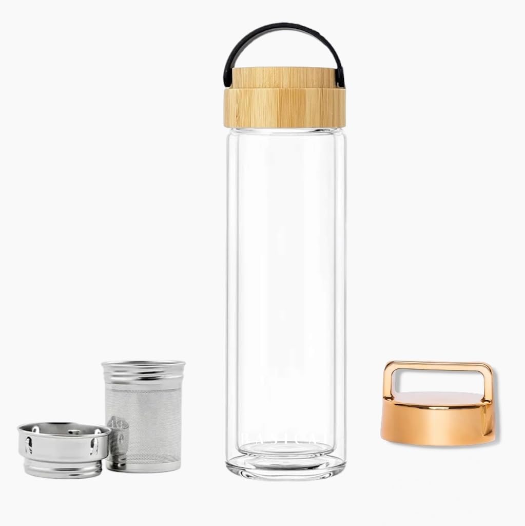 BASICAL: All-Beverage Double Wall Borosilicate Glass Water Bottle/Tumbler with Tea Infuser & 2 Lids with Handle (100% Real Bamboo & PP Plastic) - Hot & Cold Drinks - 450 ml/15 oz