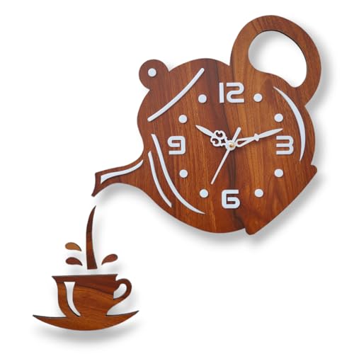 Image of Designer Wooden Wall Clock | Unique Teapot Shape Wall Clock for Home, Kitchen, Living Room & Office | Decorative Modern Acrylic Wall Clock (Wooden)