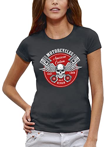 T-Shirt Bikers Femme Crane Piston Ailes Ange Vêtement Moto American Custom