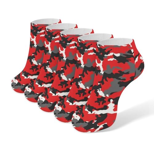 LITPUZC Women's Fashion Ankle Socks Funny Running Low Cut Socks Red Black Camouflage Camo No Show Athletic Sock Soft Breathable Crew Sock 5 Pairs