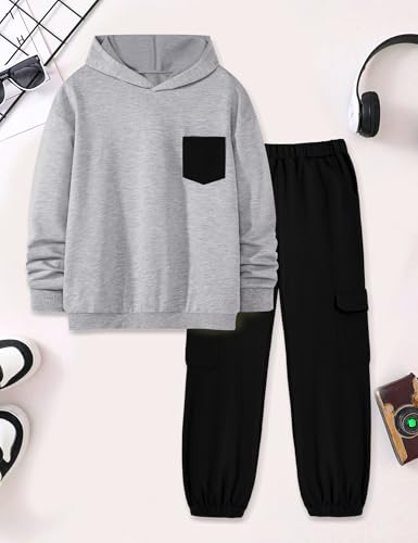 Hipea Boys Clothes Long Sleeve Hooded with Chest Pocket Cargo Pants with Side Pockets 2PCS Sets4