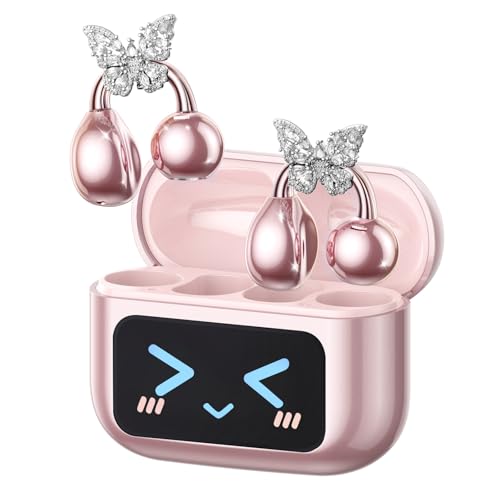 Image of PAXA Stylish Open Ear Clip On Earbuds with Removable Butterfly Earring, Clip On Headphones with LCD Touch Screen, Fashionables Open Ear Headphones for Women, Butterfly Earring Rose Gold Earbuds
