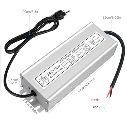Image of LED Driver 120W 24V Power Supply, IP67 Waterproof Low Voltage Transformer, AC 80-265V to DC 24V 5A Converter with 3-Prong Plug 3.3 Feet Cable for Outdoor LED Lights, Industrial, Computer