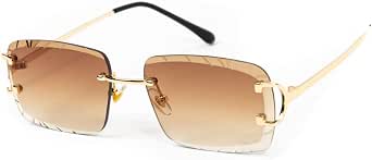 Rimless Hip Hop Sunglasses – Gold Frame Brown Gradient Lens, UV400, Rectangle Metal, Men's