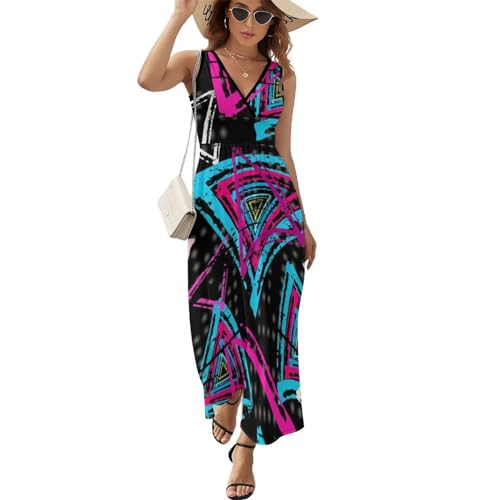 Robe maxi col V décontracté sans manches au motif graphique triangle de couleurs vibrant