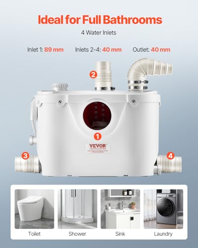 VEVOR 500W Macerator Pump, 29 GPM Flow, 26 ft/8 m Head, Macerator Sewerage Toilet Pump with 4 Water Inlets, Waste Water Disposal Upflush Machine for Toilet, Basement, Shower, Sink, Laundry, Bathtub