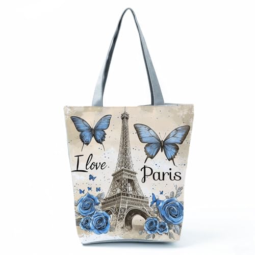 Bolso tote con estampado Torre Eiffel azul miniatura 1