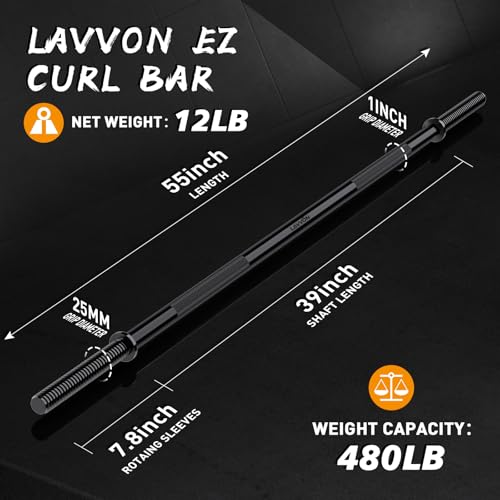 55\" Weight Lifting Bar, 1\" Standard Straight Barbell Bars for Weight lifting, Olympic Barbell Bar for Bench Press/Hip Thrusts/Squats/Lunges for Gym and Home, 2 Star Star-nuts (480lb Weight Capacity) - Thumbnail 3