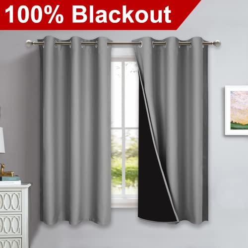 Image of NICETOWN 100% Blackout Curtains with Black Liners, Solid Thermal Insulated Full Blackout 2-Layer Lined Drapes, Energy Efficiency Window Draperies for Bedroom (2 Panels, 42 inch W by 63 inch L, Silver Grey)