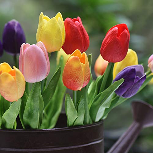 Fiveseasonstuff Tulips Artificial Flowers | Real Touch | Wedding Bouquet Home Décor Party | Floral Arrangements | 15 Stems (Rainbow) #TOP1