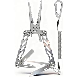 HOOK-EZE Folding Fishing Pliers, 5-in-1 Saltwater Resistant Multitool with Tungsten Line Cutters, Hook Remover, Knife, Screwdriver, Bottle Opener, Sheath & Lanyard for Outdoor, Camping & Fishing
